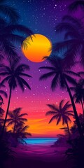 A tropical beach scene with palm trees and a large yellow sun. The sky is filled with stars and the water is calm