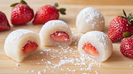 Strawberry-filled mochi on a light wooden surface, with whole strawberries and a dusting of powdered sugar