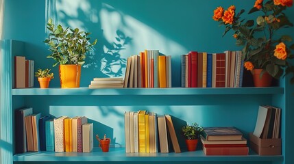 Blue shelf with colorful books, stationery, and potted plants