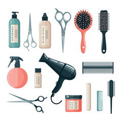 Hairdresser tools. Hair care, professional tools for hair cutting and styling. Vector set of objects on white background.