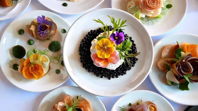 Elegant culinary artistry featuring dishes catering with vibrant floral garnishes