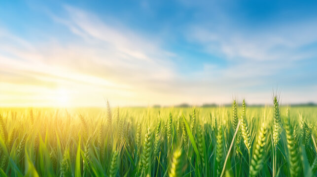 Lush green wheat field at sunrise under a clear blue sky
