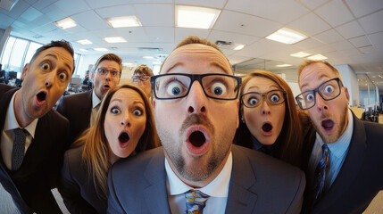 A group of office workers in suits show humorous surprised expressions indoors, emphasizing a moment of humor and camaraderie in a lively business environment.