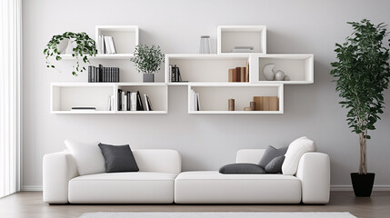 Modern living room with floating minimalist shelves displaying a few carefully selected decor items
