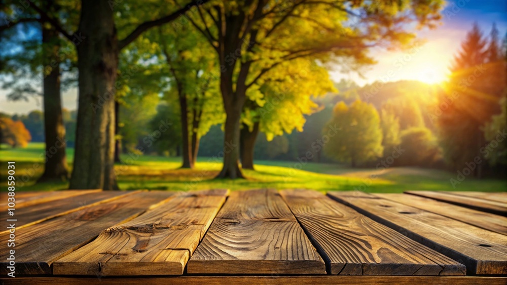 Poster a wooden plank with a tree in the background and a tree in the background