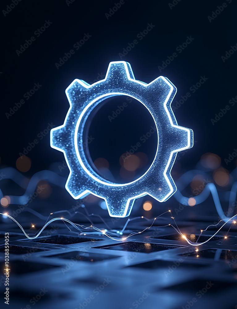 Poster Glowing AI gear floats over minimalist frames with digital growth data streams for tech businesses in stock photos.