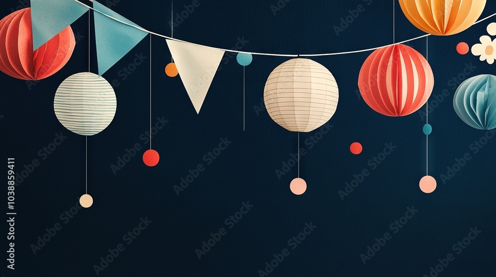 Poster lanterns adorned with paper flowers dangle from a string, with one additional flower at its end