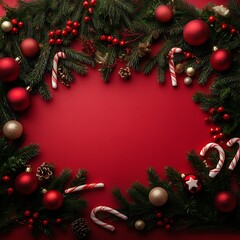 Christmas background with candy canes, pine branches, and decorations in a red background with a Christmas tree and candy cane decorations. Mockup template for an advertising card, web poster, flyer.