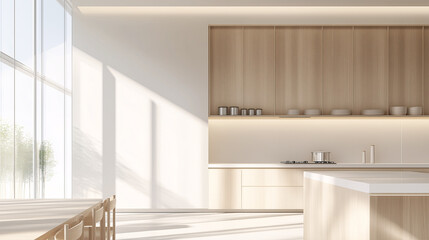Fototapeta premium Modern minimalist kitchen with light wood cabinets and open shelving featuring minimal cookware