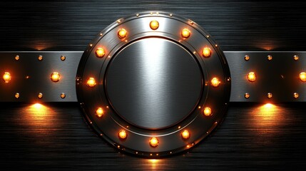 Round metal frame is shining on a black background, surrounded by bright lights