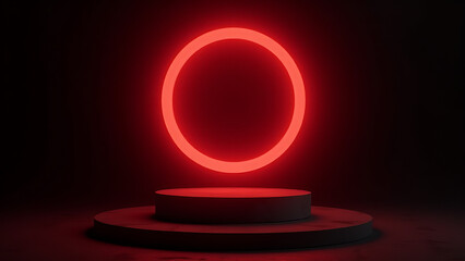 Glowing red neon circle on a podium against an abstract black background in a dark setting.
