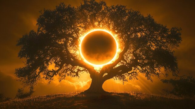 A stunning solar eclipse viewed through towering tree, magic light 