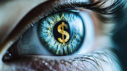 A mesmerizing close-up of a human eye featuring a dollar sign in the iris, symbolizing wealth and economics with visually captivating abstract patterns.