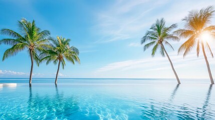 Crystal clear spa pool reflecting palm trees and blue sky, serene spa setting