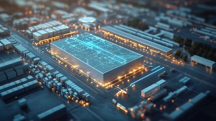 Logistics center, supply chain network diagram is projected