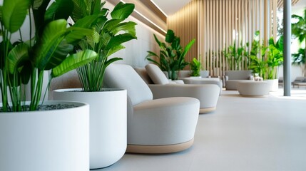 Elegant spa lounge with plush seating and indoor plants, calming natural lighting