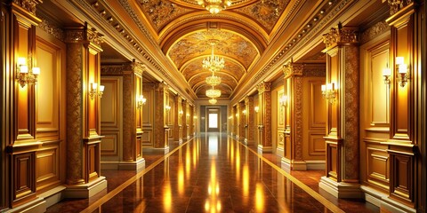 Obraz premium A breathtaking 3D illustration of a luxurious golden hallway, featuring elegant lighting, perfect for enhancing visual projects and creating striking backgrounds.