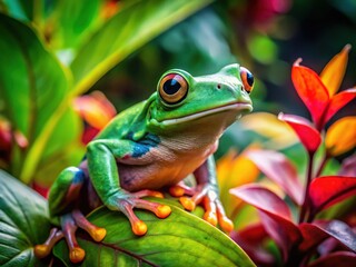 Obraz premium A bright green tree frog rests within vibrant foliage, surrounded by nature's colorful habitat, showcasing rich textures and hues in a serene outdoor setting.
