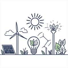Naklejka premium Create a detailed line art illustration representing the concept of sustainable energy. The image should include elements like a solar panel, 
