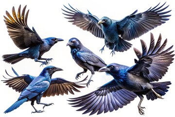 Obraz premium A captivating collection of black ravens and crows soaring gracefully through the sky, isolated against a pristine white background, perfect for nature and wildlife photography.