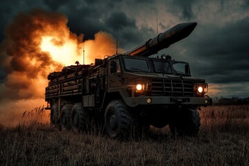 Fototapeta premium Powerful military rocket launcher system firing a missile at sunset with smoke and fire in the background