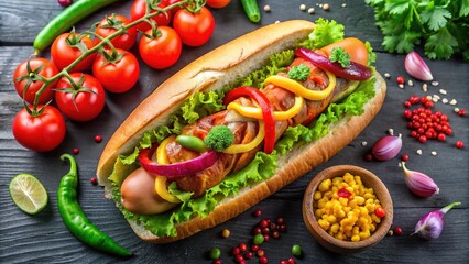 a delicious hot dog with a fresh, soft bun, savory sausage, zesty toppings, and a variety of flavorful condiments.