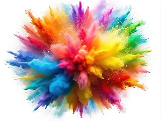 A dynamic explosion of vivid colored powder bursts against a white backdrop, perfect for artistic and creative endeavors in photography, design, and visual projects.