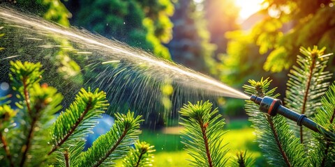 Fototapeta premium A gentle water sprinkler nourishes pine tree branches in a vibrant, lush garden, basking under the warm sunlight, creating a serene and refreshing atmosphere.