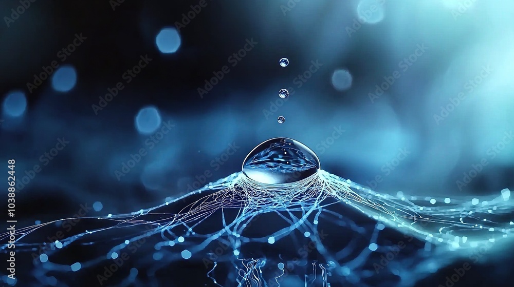 Poster a close-up of a drop of water on a blue and black background with a blurred wave image
