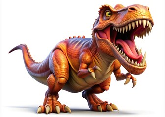 Fototapeta premium A lively cartoon T-Rex roars fiercely, showcasing open jaws, sharp claws, and vibrant scales. It's a playful yet intimidating dinosaur illustration perfect for kids' entertainment.