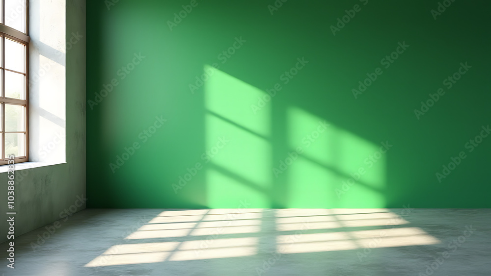 Leinwandbilder green wall backdrop with light and shadows for product presentation in empty kitchen with concrete t