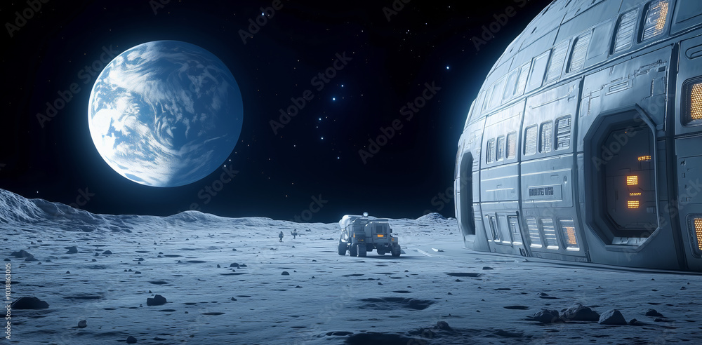 Poster exploring a moonbase under the vast universe with earth visible in the background