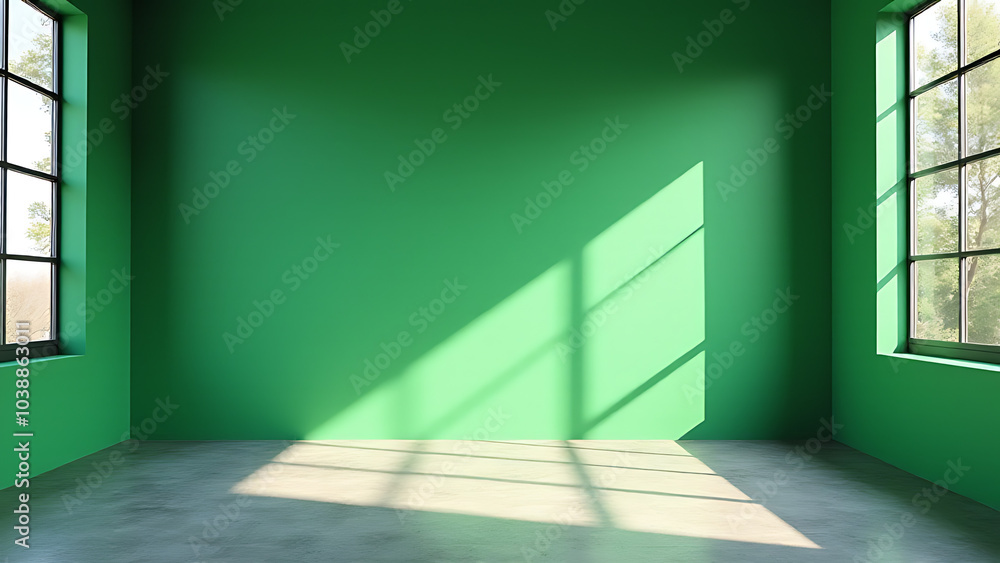 Aufkleber Green wall backdrop with light and shadows for product presentation in empty kitchen with concrete texture and windows.