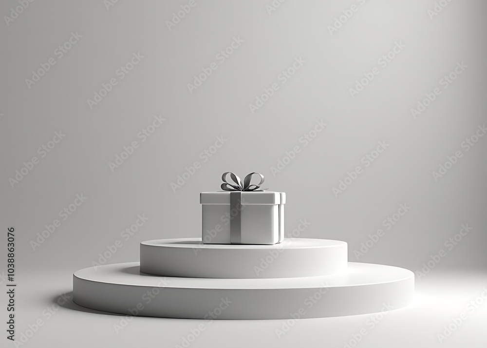 Poster grey podium with luxury gift has soft light, smooth background, and a 3d rendering effect.