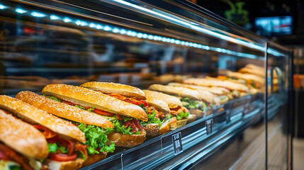 Sandwich showcase at a subway restaurant, variety of tasty fast food with fresh vegetables, gourmet cheese, and chicken on a baguette, healthy takeaway meal or snack
