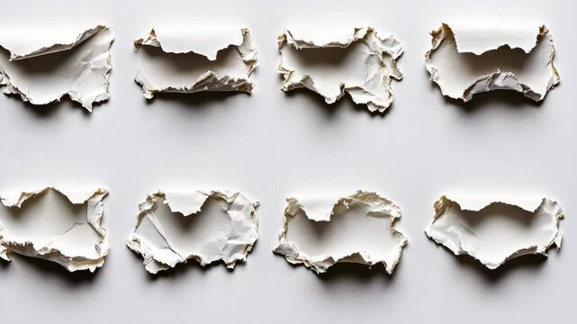 Eight ripped pieces of white paper are arranged in two rows of four