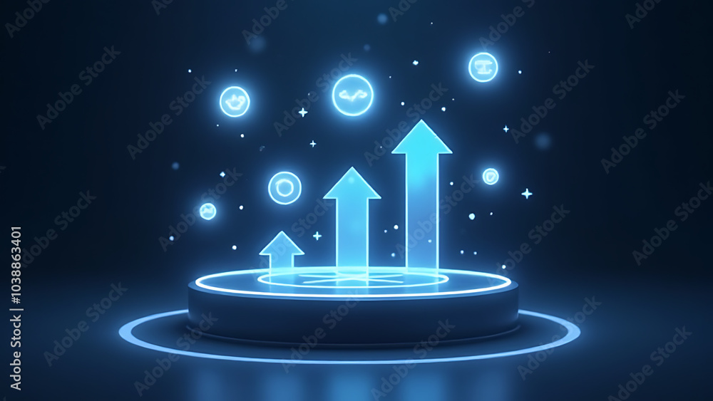 Poster Holographic podium showcases floating skills icons and glowing growth arrows ideal for tech innovation and skill building ads.