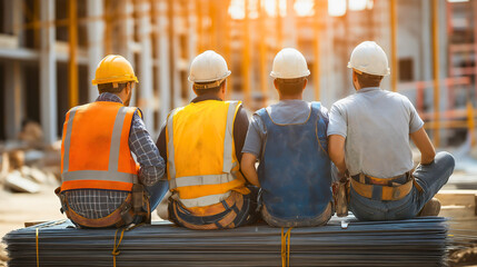 Workers sitting on break at a construction site, where engineers industry employees, builder team up male architects and laborers rest together outdoors, during their job project