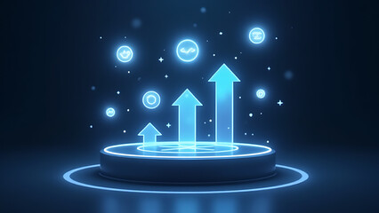 Holographic podium showcases floating skills icons and glowing growth arrows ideal for tech innovation and skill building ads.