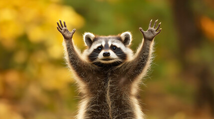 Raccoon raised its hands in a cute, playful pose, showcasing a furry creature outdoors in the wild, expressing its nature with a funny and charming expression in the autumn forest woodland