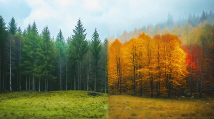 Transition from summer to autumn in a forest with green and orange trees nature's change of seasons contrasting vibrant leaves and peaceful wilderness reflecting natural beauty transformation cycle