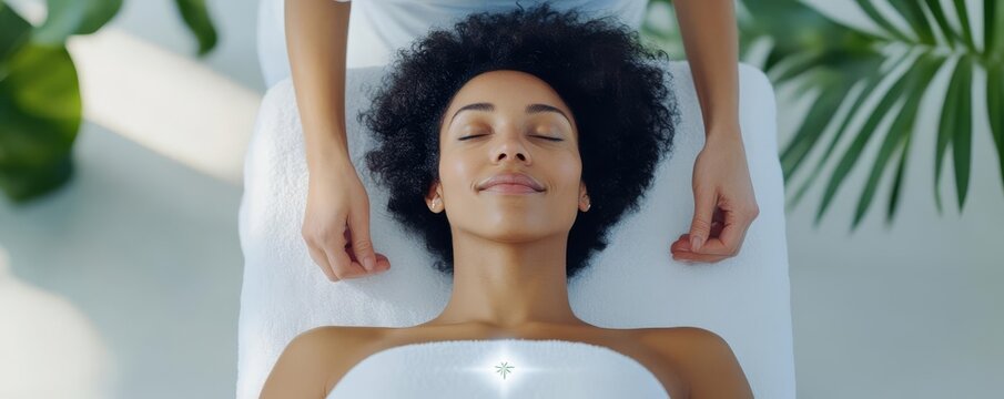 Spa therapist performing Reiki energy healing on a relaxed client