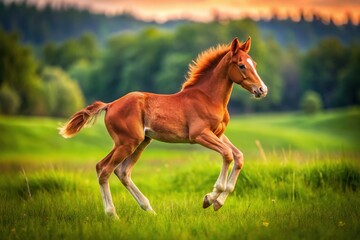 Fototapeta premium A small red foal gallops joyfully alone in a lush green field, showcasing its beauty and spirit in the serene embrace of nature's landscape.