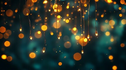 A dark teal background softly lit by strands of hanging string lights in warm yellow and orange hues, with delicate bokeh in the distance for a peaceful evening glow.