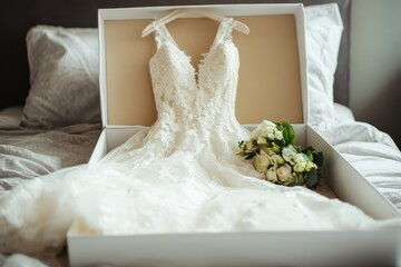 Elegant white wedding gown in a box on bed with room for text Bridal prep theme