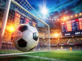 A soccer ball strikes the goal, showcasing displayed betting odds, enticing sports betting enthusiasts and soccer fans eager for excitement and action in every match.