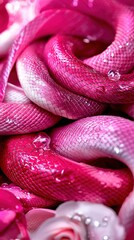Fototapeta premium A zoomed-in view of a pink serpent with dewdrops adorning its scales and a nearby rose in the backdrop