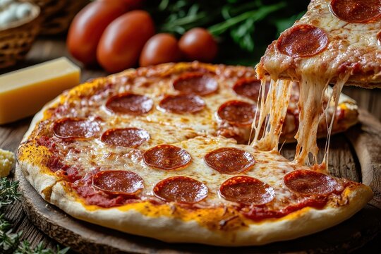 Entire pepperoni pizza with a pulled slice of gooey cheese set on a wooden table with toppings