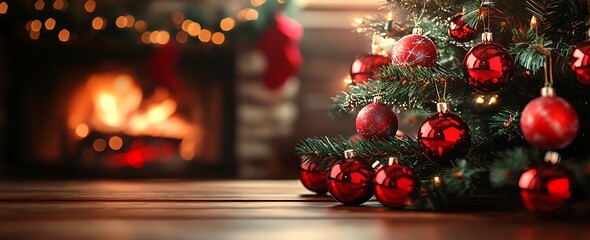 A Christmas tree with red ornaments sits in front of a fireplace adorned with red baubles and decorations sits on a wooden table and the tree is surrounded by a red ribbon. Merry Christmas concept.