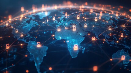 A 3D rendering of a digital globe with glowing icons connected by lines.